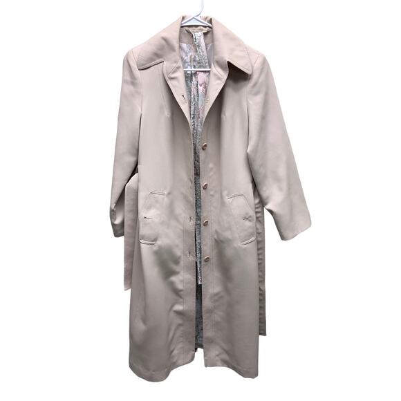 Vtg 60s 70s F.a.ii Beige Midi Rain Trench Coat Waist Tie and Floral Lining Sz 10 - Picture 2 of 10